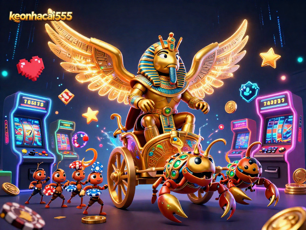 Engage with vibrant keonhacai555 imagery of a golden scarab beetle and dynamic casino elements.