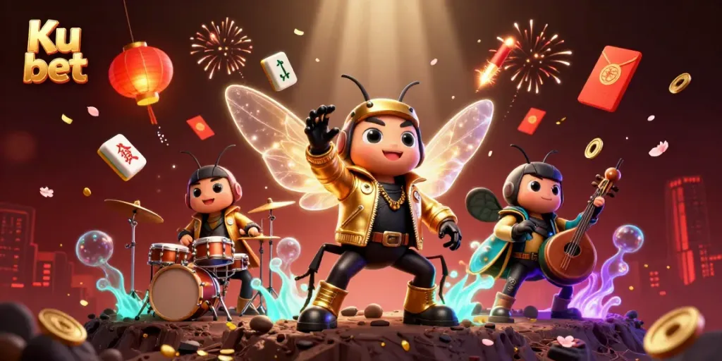 Win big with Ku bet as a cartoon cicada rock star performs at an exciting online casino!