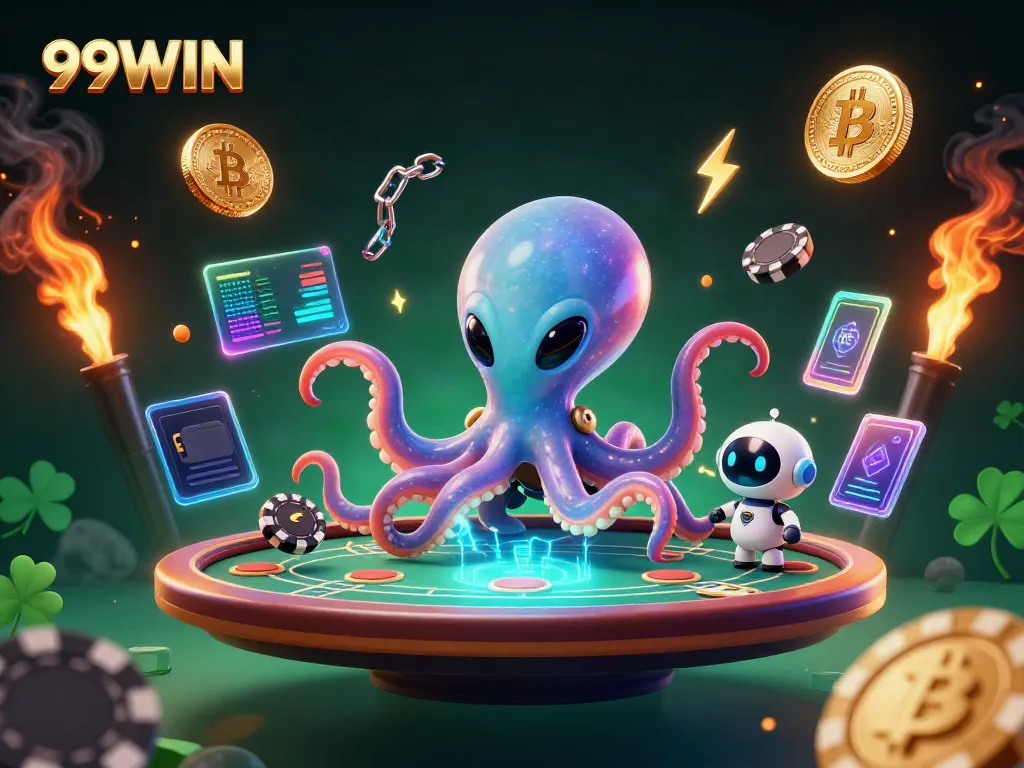 Engage with 99WIN's cosmic casino scene featuring an alien octopus at a holographic poker table.