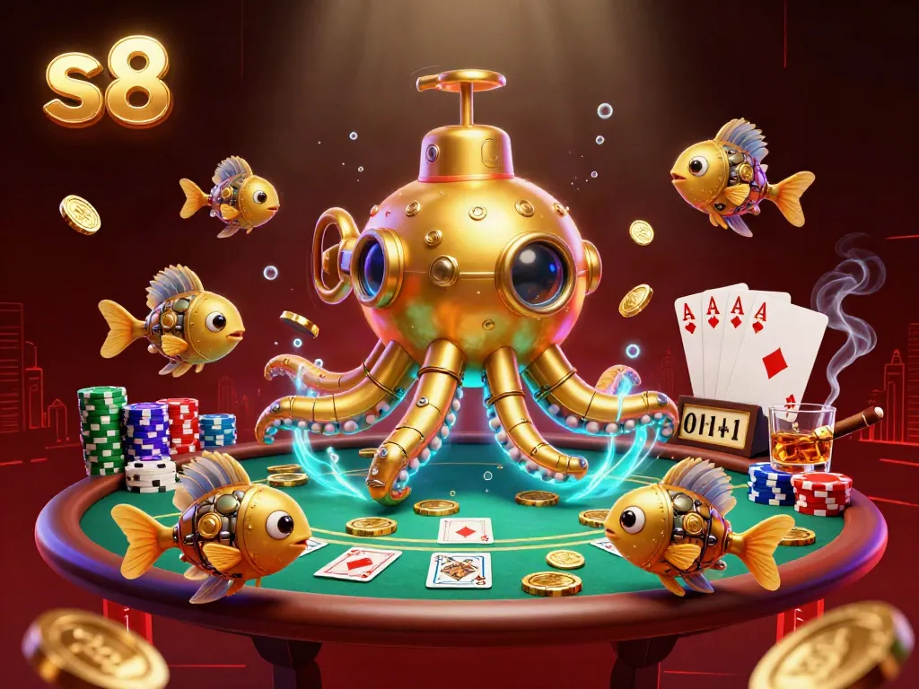 Engage with the thrilling world of s8 as a golden kraken submarine navigates through coins, surrounded by poker elements.