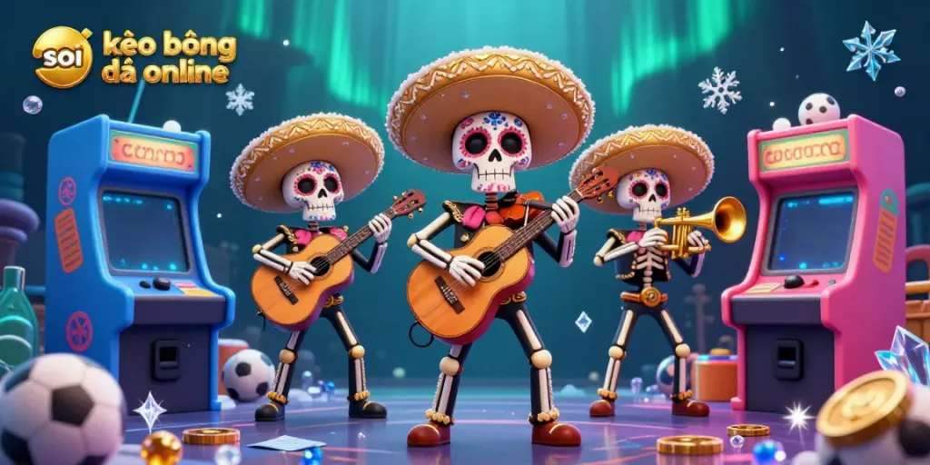 Experience soi kèo bóng đá online with vibrant skeleton mariachi band and dynamic sports betting visuals.