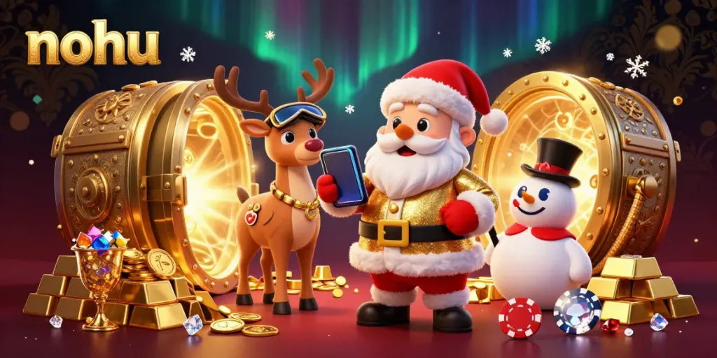 Experience thrilling jackpot spins with nohu at a festive 3D casino, featuring Santa, a reindeer dealer, and gems.