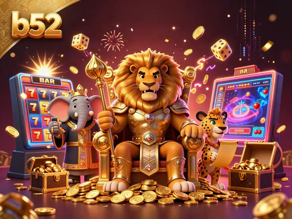 Experience thrilling jackpots at b52 with a dynamic casino scene featuring a lion king, elephant advisor, and cheetah messenger.