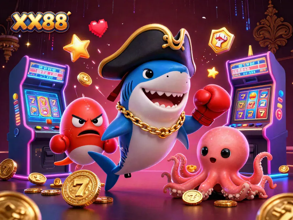 Engage in the vibrant world of XX88 with a cartoon pirate shark, pufferfish, and octopus in a 3D casino illustration.