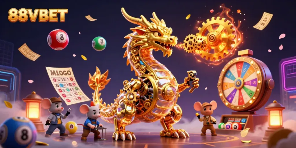 Experience the excitement of 88VBET with a golden dragon breathing gears and lottery elements in a vibrant casino scene.
