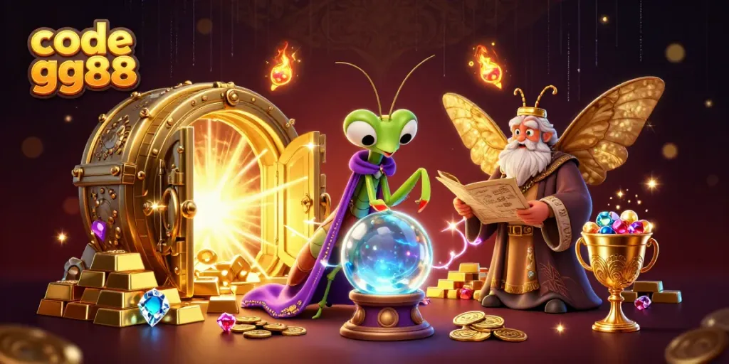 Experience the magic of code gg88 with a vibrant 3D illustration featuring mystical fortune tellers and treasures.