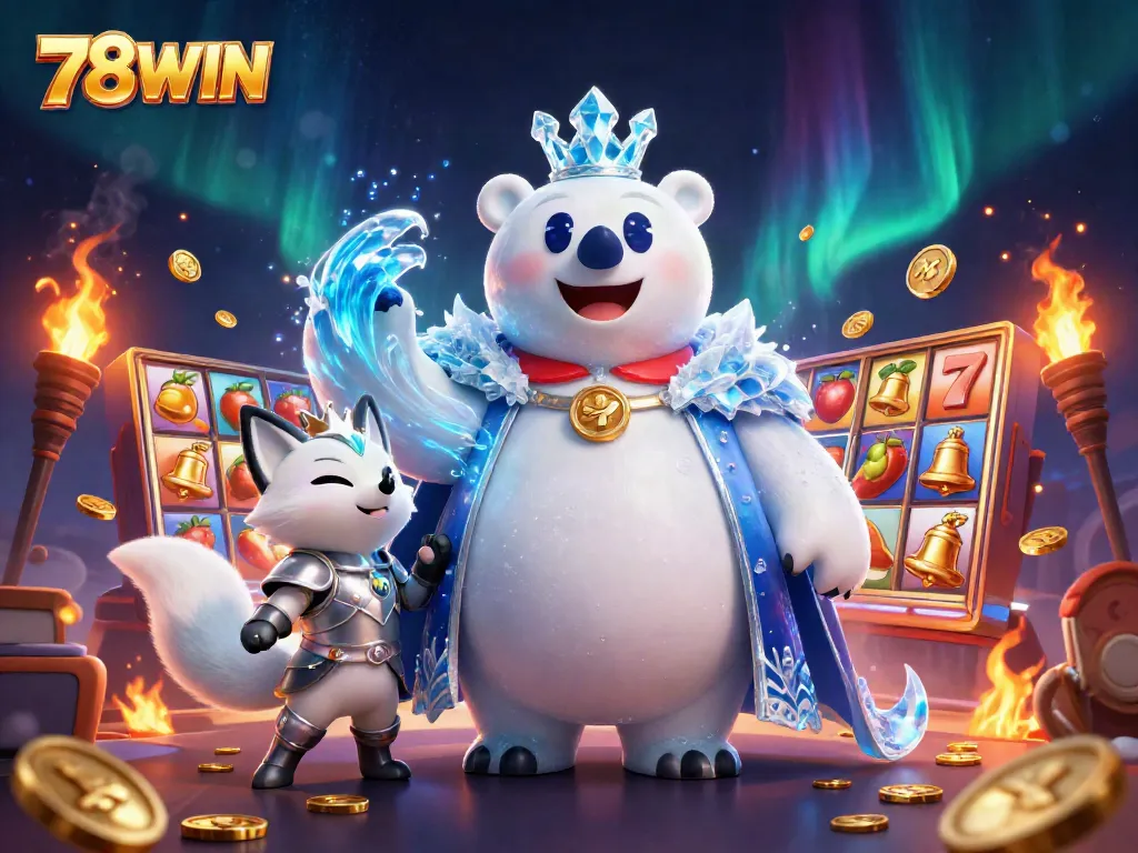 Engage with 78WIN's vibrant casino scene featuring a polar bear and snow fox amidst spinning slot reels and golden symbols.