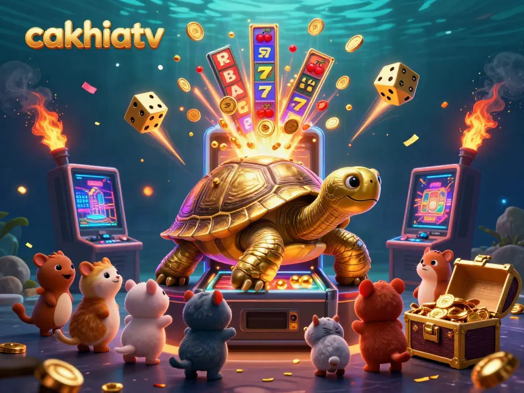 Experience interactive gaming with cakhiatv's vibrant carnival featuring a colossal golden tortoise pinball machine.