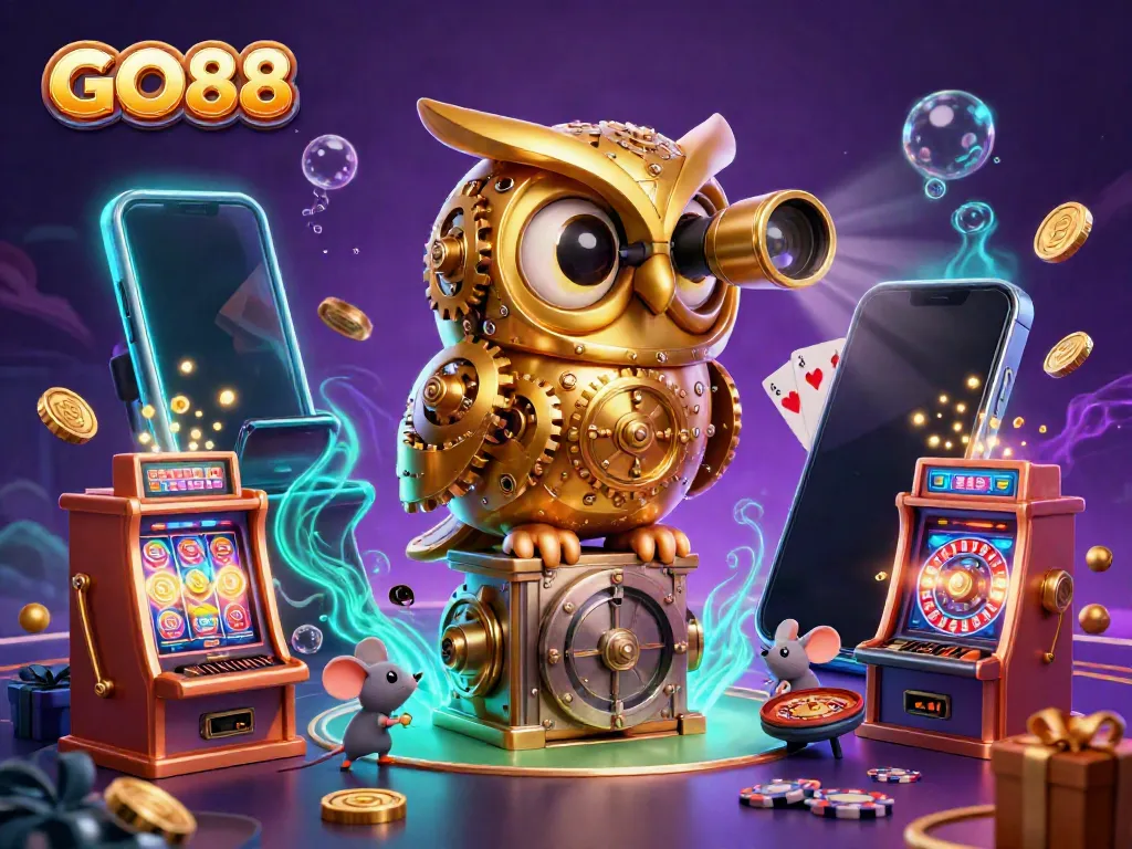 Experience immersive gaming excitement with GO88's vibrant 3D casino illustration showcasing whimsical characters and dynamic game elements.