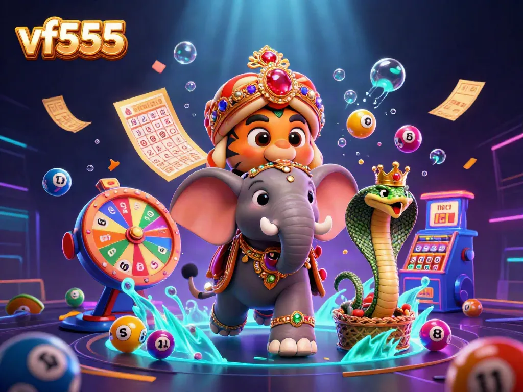 Play the vf555 lottery with vibrant elements like bouncing balls and prize wheels around a majestic scene