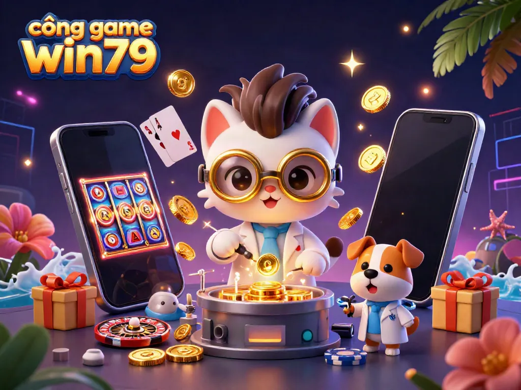 Experience thrilling wins at cổng game win79 with a dynamic 3D scene of a mad scientist cat and dog assistant!