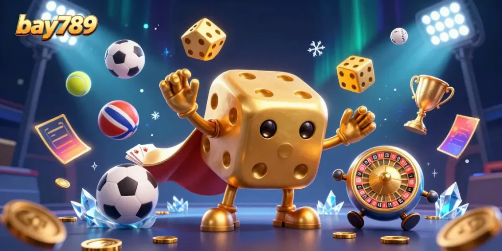 Engage with bay789's thrilling gaming experience featuring golden dice and dynamic sports elements.