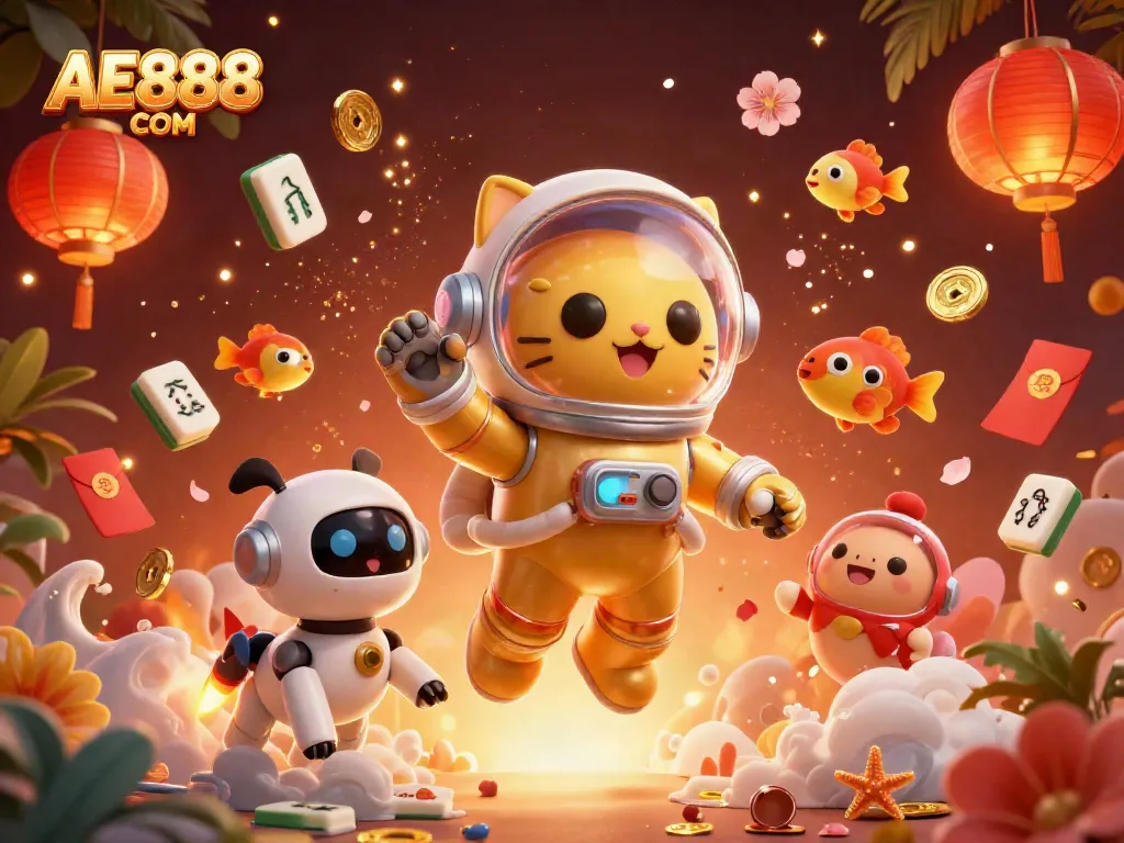 Experience the thrill at AE888 COM with a vibrant 3D casino illustration featuring dynamic characters and game elements.