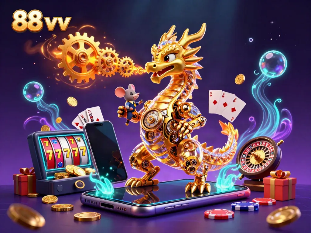 Spin the reels with 88 vv in a vibrant casino scene with a golden dragon and gaming elements.