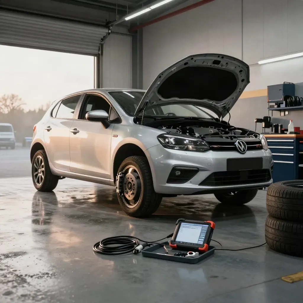 Silver hatchback in a moody workshop bay with open bonnet, exposed brake disc and diagnostics kit.