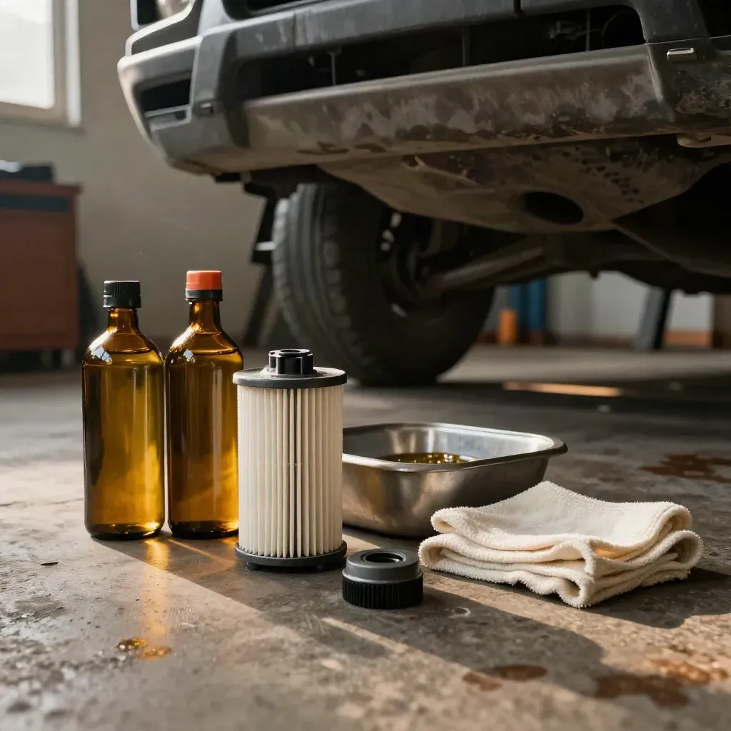 Raised hatchback with servicing parts laid out beside a drain pan in a quiet workshop