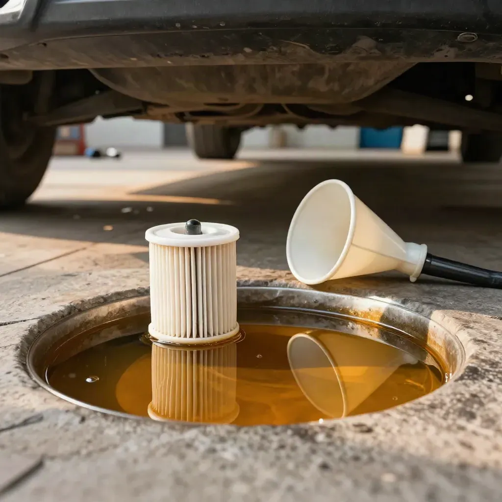 Amber oil in drain pan, white filter and funnel beneath a lifted car in a workshop.