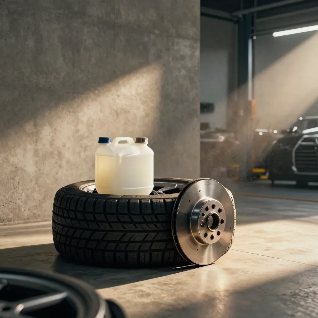 MOT prep parts staged in a garage lane with tyre tread, brake disc and headlamp beam pattern.