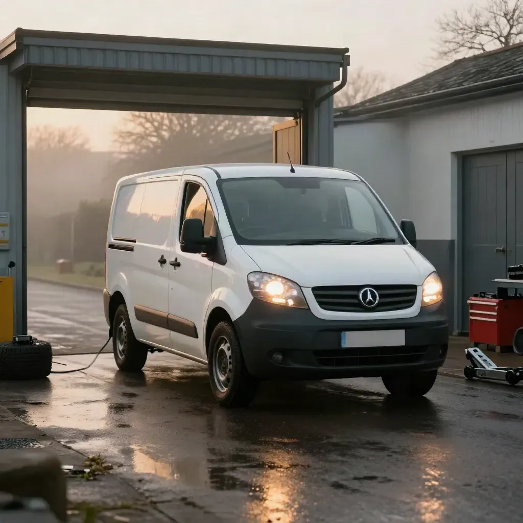 White van leaving a workshop exit in damp light, ready for MOT prep.