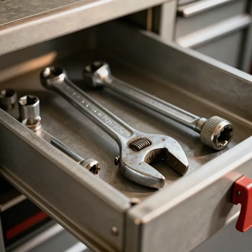 Extreme macro of worn mechanic tools in a steel drawer insert with a subtle garage-red accent.