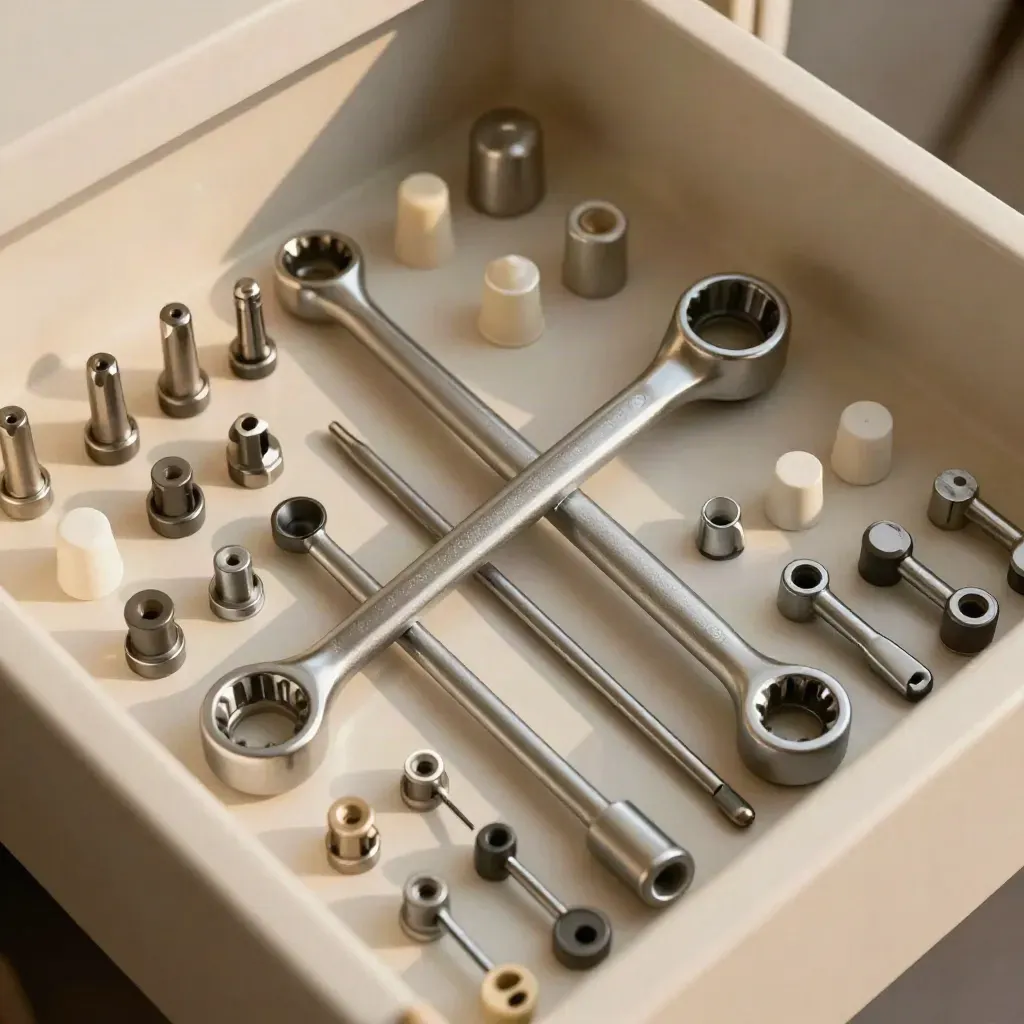 Top-down macro of ratchet tools and fasteners arranged neatly in a drawer insert.