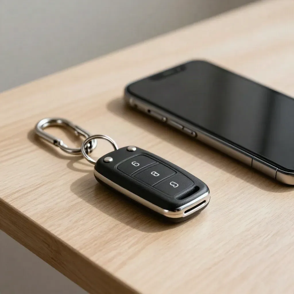 Car key fob, dark phone and steel key hook on pale wood, top-down still life