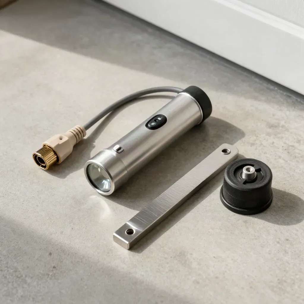 Top-down flatlay of an inspection torch, OBD connector, tread gauge and wheel chock on pale concrete.