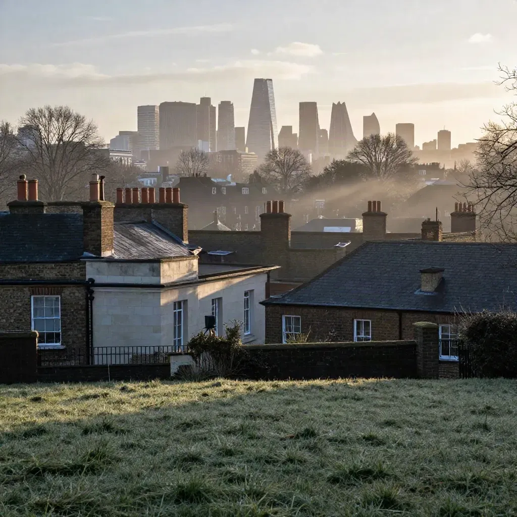 North London rooftops in dawn mist with the City skyline above a calm grassy ridge.