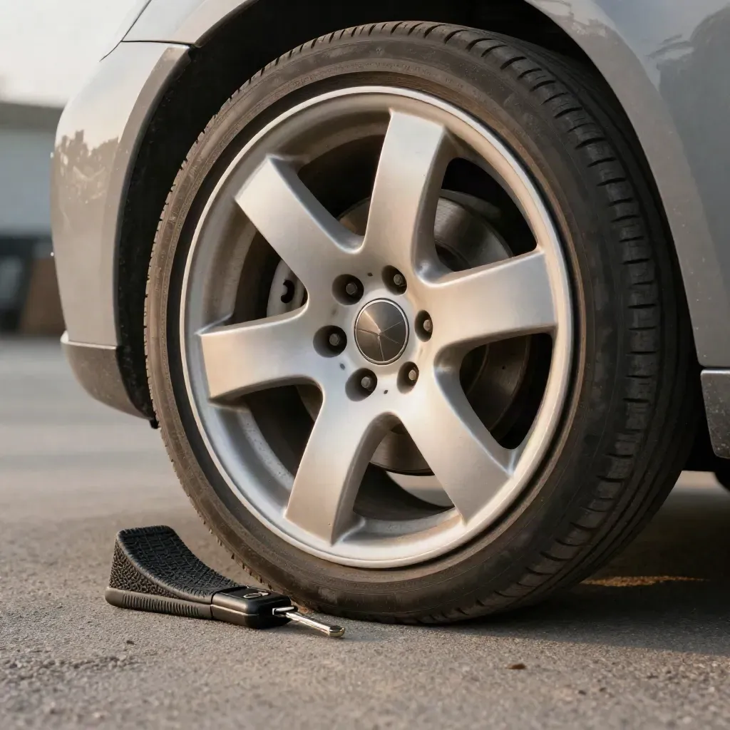 Alloy wheel, wheel chock and key fob on a garage mat beside a closed bonnet.