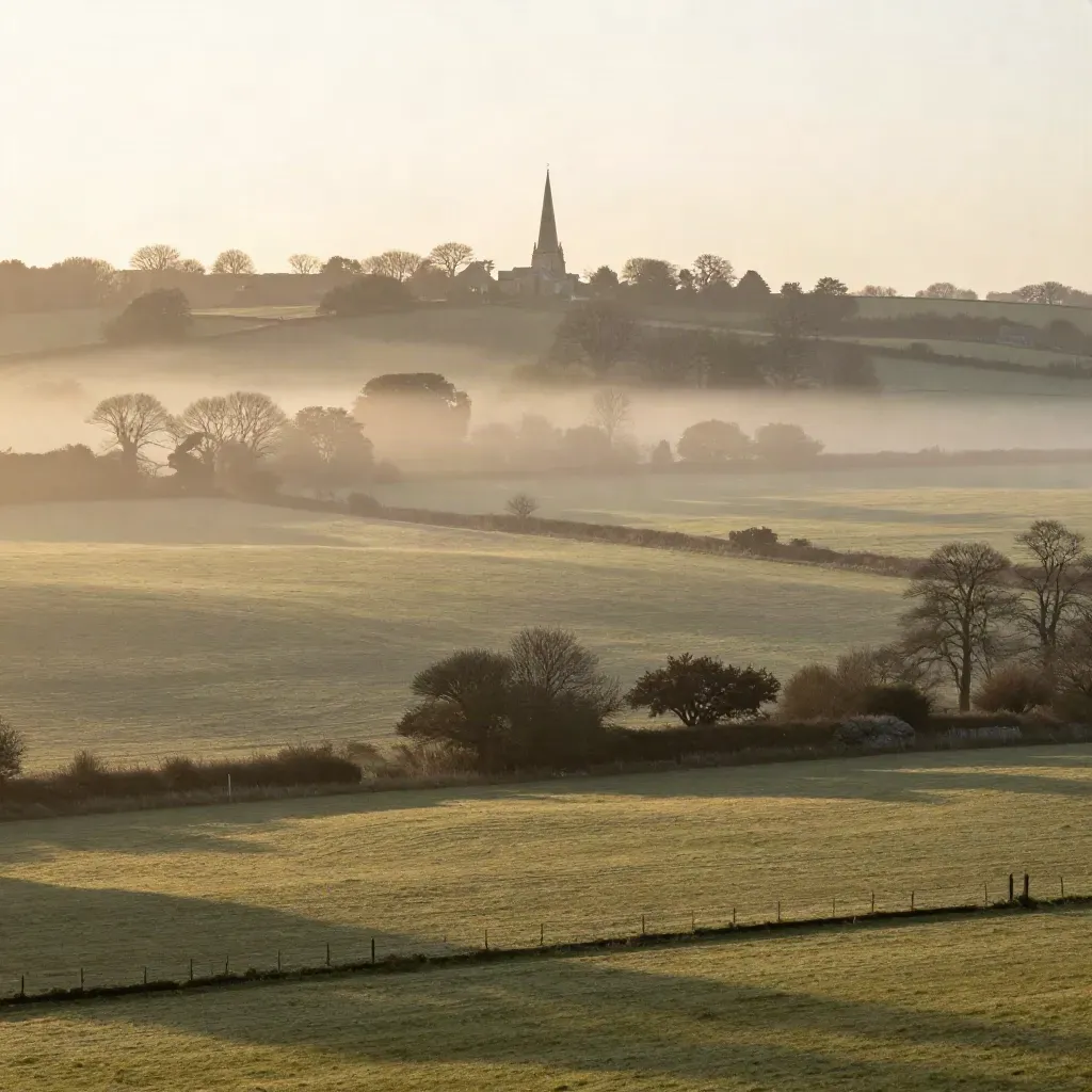 Foggy Surrey downs with a distant church spire over quiet fields at dawn.