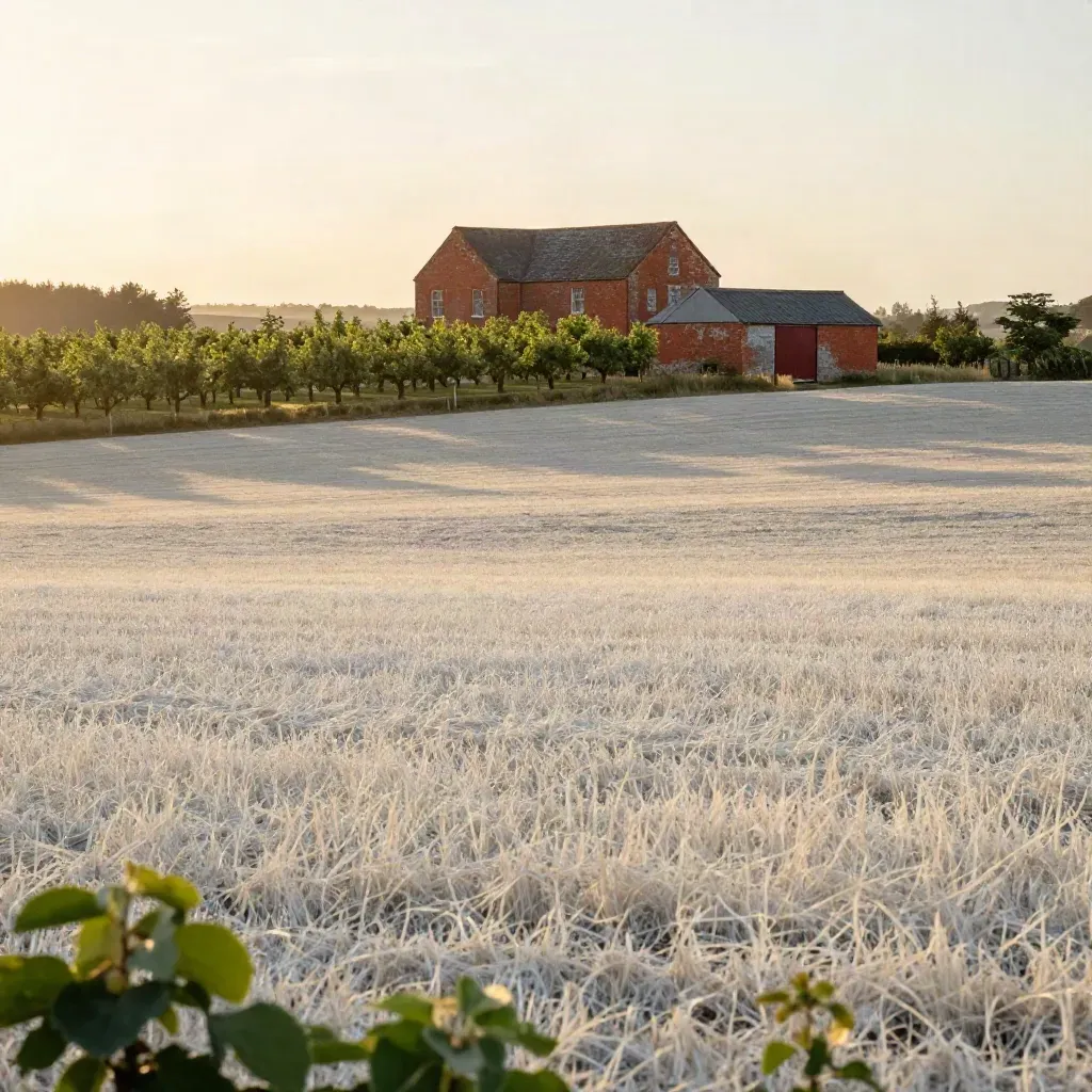 Kent hop fields with an oast-house ridge and orchards in warm sunset haze.