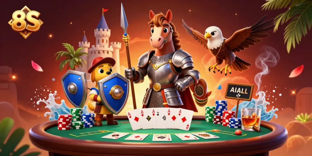 Experience the thrill of 8S poker with a knight, squire, and falcon in an immersive casino scene.