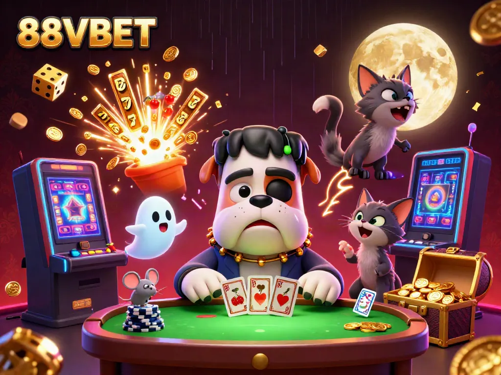 Engage in thrilling casino games with 88VBET featuring cartoon characters and vibrant gaming elements.