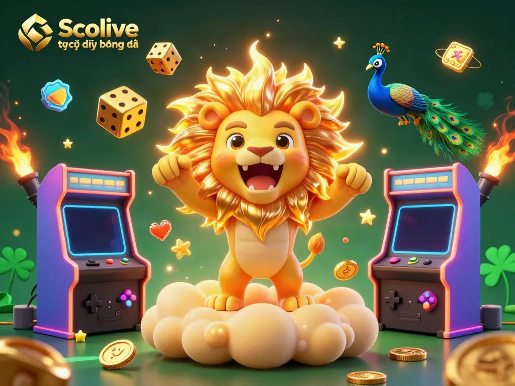 Socolive trực tiếp bóng đá showcases a vibrant scene with characters, casino elements, and luminous game interfaces.