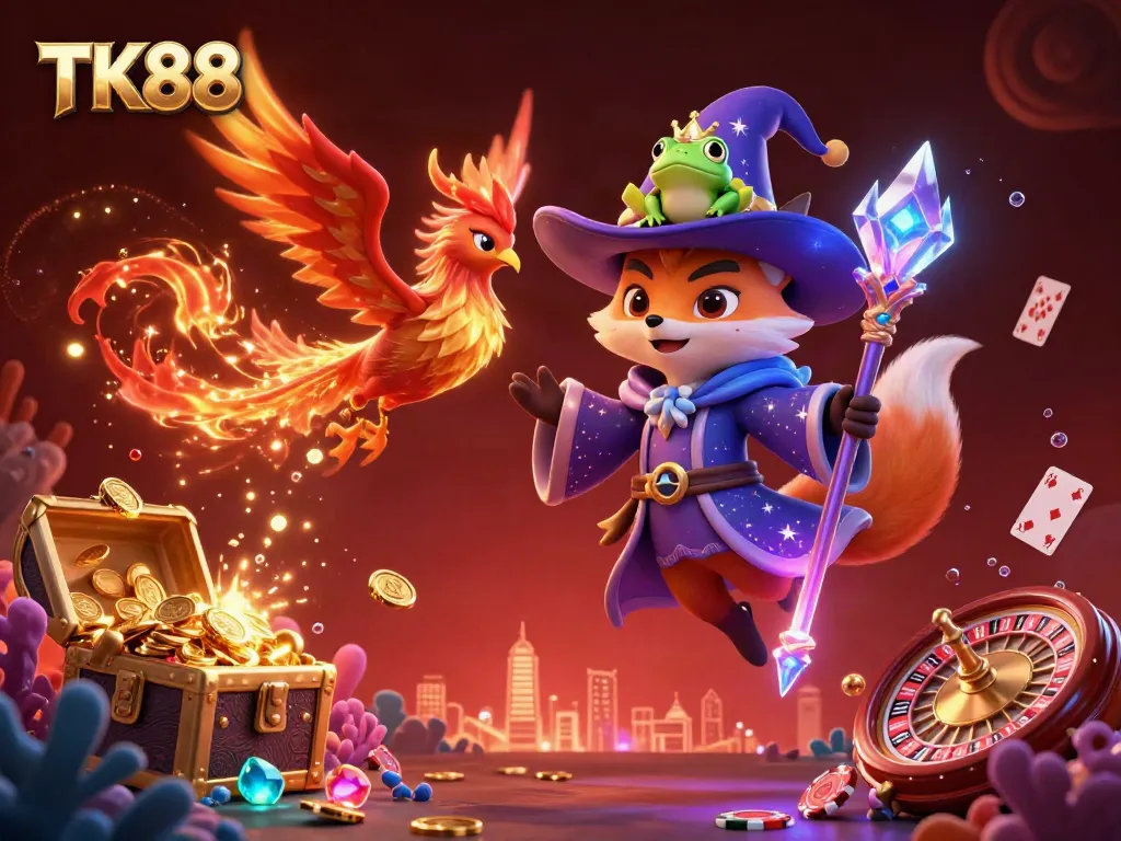 Engage with TK88 in this captivating 3D illustration featuring a wizard fox and game elements.