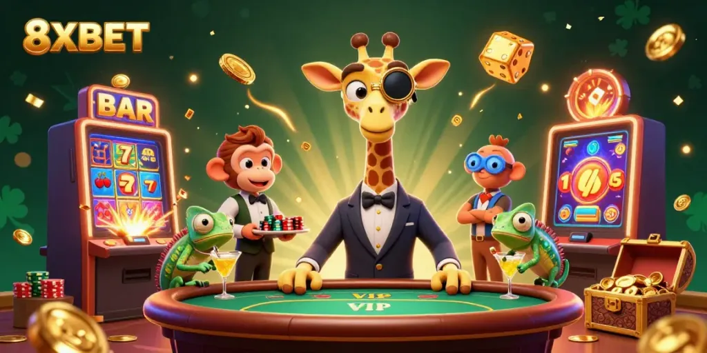 Engage in thrilling gameplay with 8XBET as a high-roller giraffe enjoys a VIP poker table with vibrant casino elements.