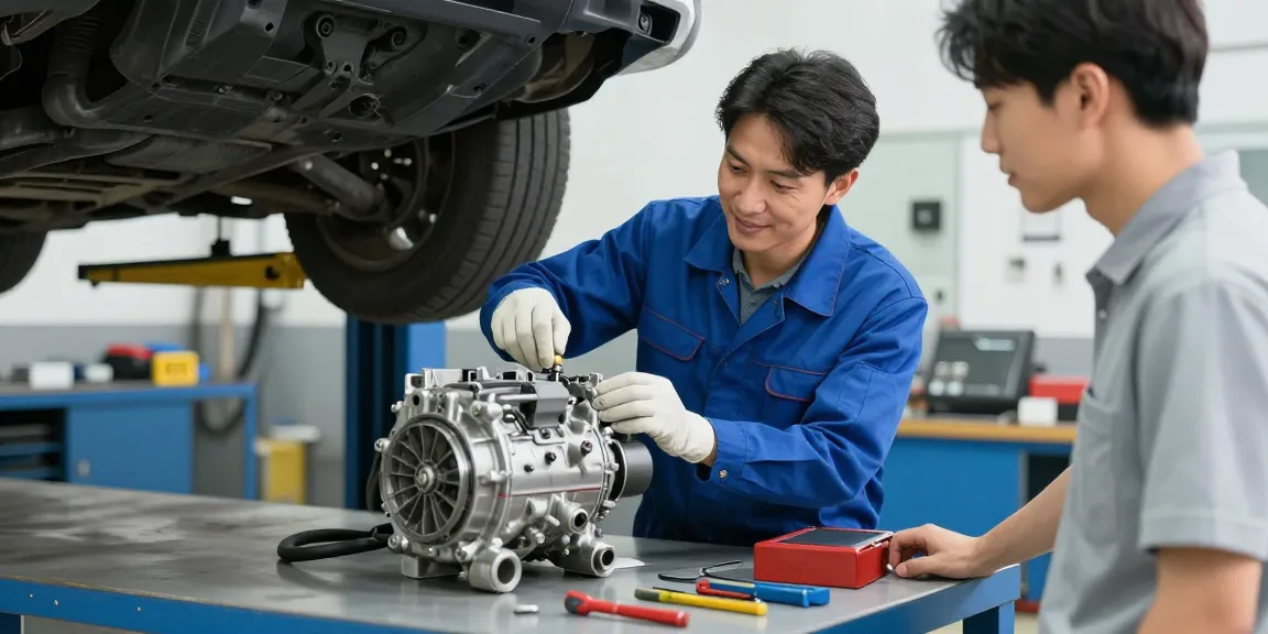 Local auto repair expert assessing a broken car air conditioning compressor in a trusted nearby business, providing community services.