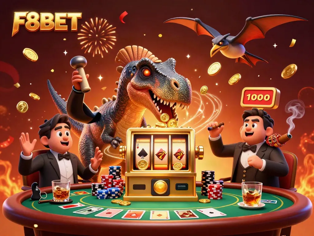 F8BET's exciting casino scene featuring 3D characters celebrating a jackpot win amidst poker elements and festive confetti.