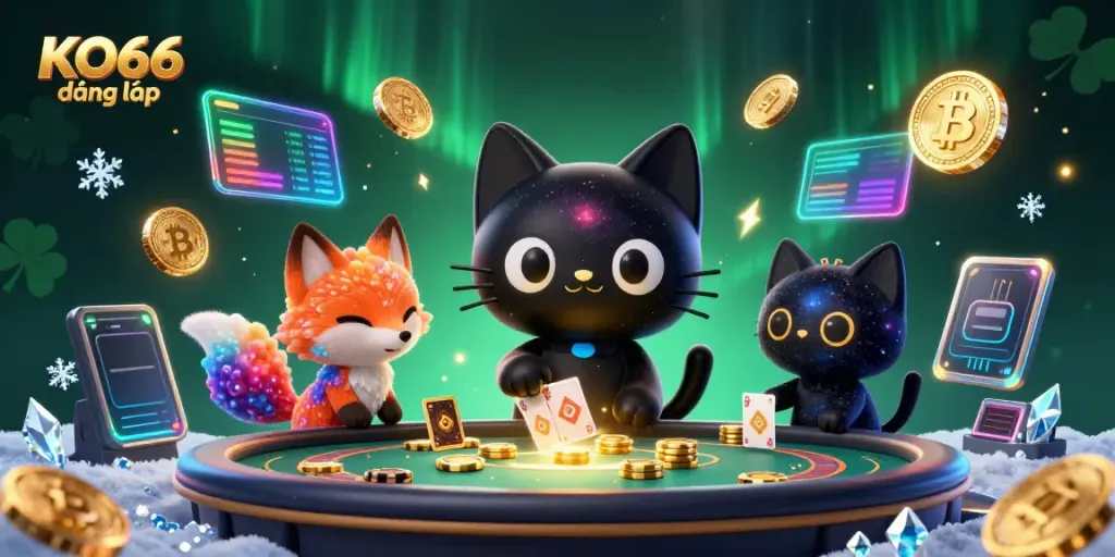 Engage with KO66 đăng nhập at this vibrant cosmic casino with colorful characters and crypto elements.