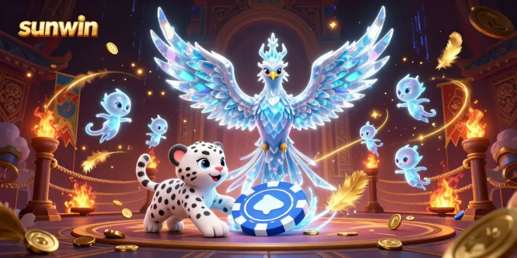 Play thrilling games at sunwin with a dynamic scene featuring an ice phoenix, snow leopard cub, and ice sprites.