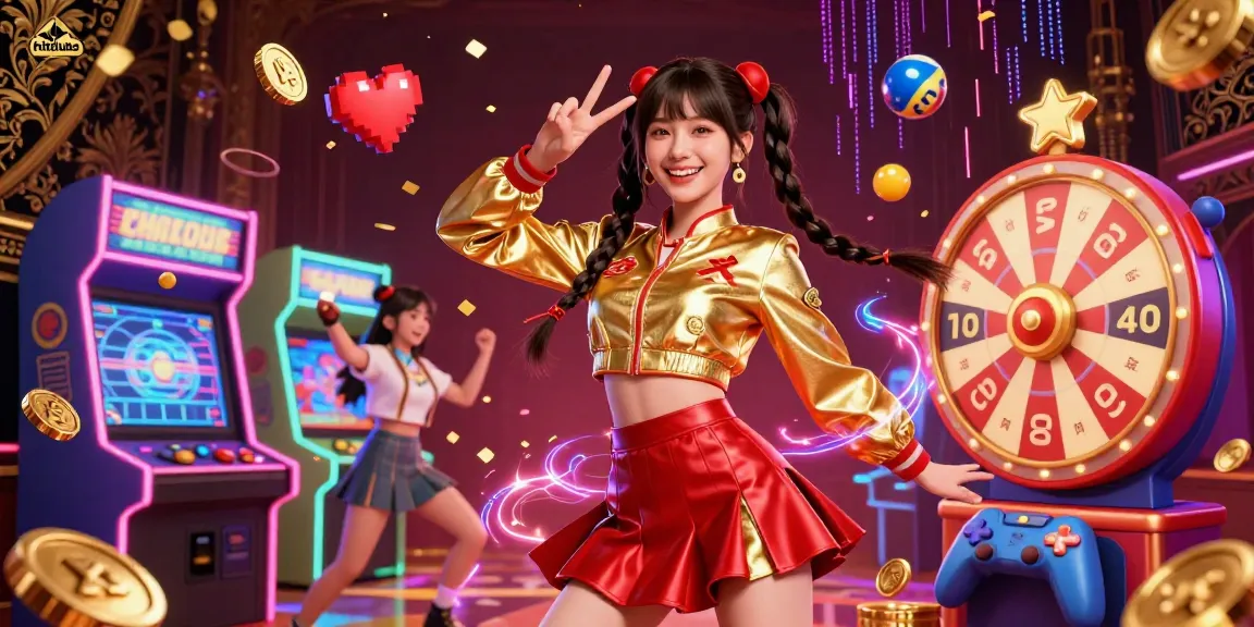 Vibrant scene celebrating hitclubs featuring an Asian woman in a fun pose surrounded by colorful gaming elements and a prize wheel.
