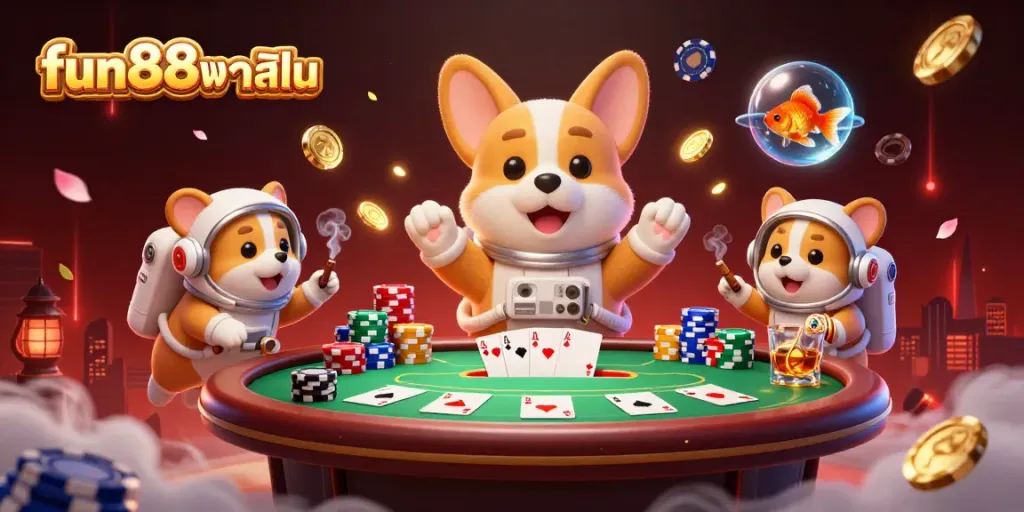 Experience thrilling gameplay at fun88คาสิโน with a floating astronaut corgi and casino elements.