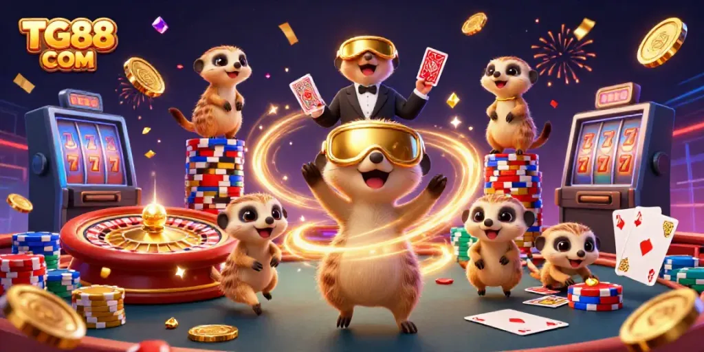 Experience exciting gaming action at TG88 COM with lively meerkats in a vibrant 3D casino scene.