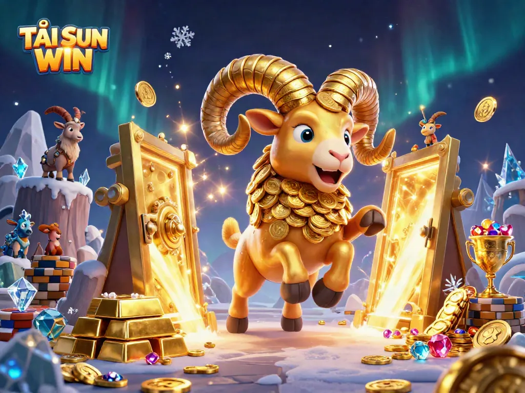 Experience immersive gaming action with TẢI SUN WIN in this vibrant 3D casino illustration featuring a golden ram.