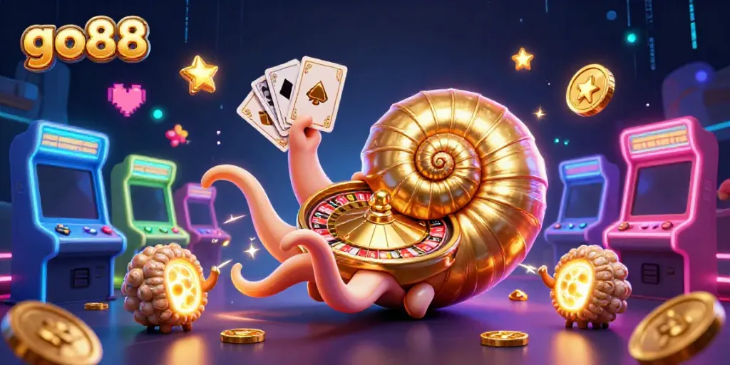 Engaging scene of the go88 character, a giant nautilus, surrounded by vibrant gaming elements, showcasing a casino atmosphere.