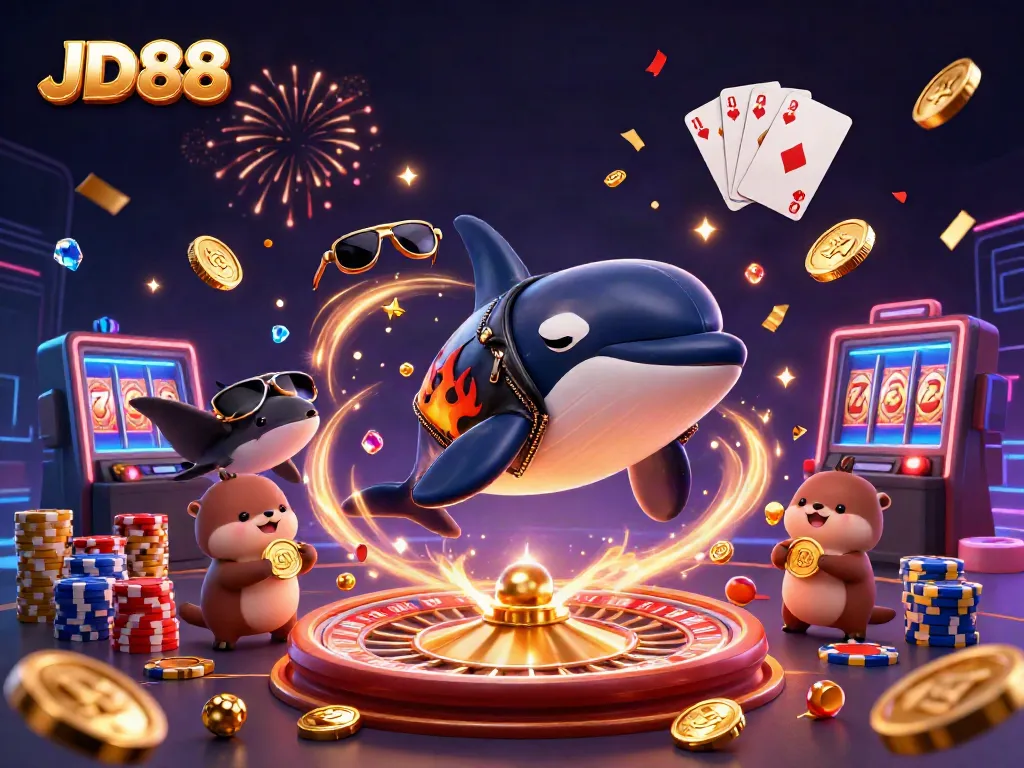 Experience the excitement of JD88 with a dynamic scene featuring characters and casino elements dancing in celebration.