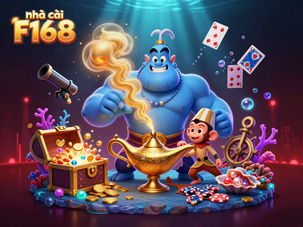 Engage in thrilling gaming with Nhà cái F168's immersive 3D casino art featuring vibrant characters.