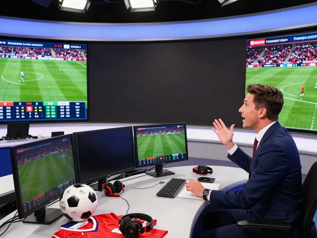 Passionate commentator at Thapcamtv during live sports broadcast.
