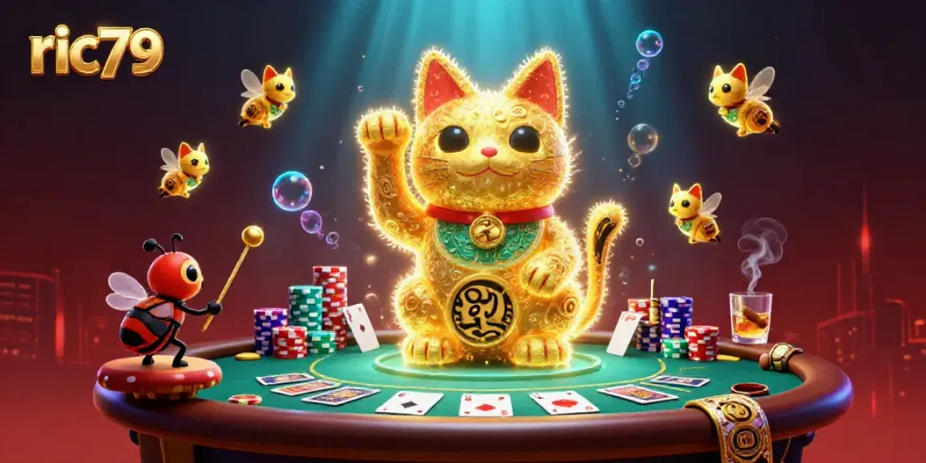 Experience the magic of ric79 with a golden lucky cat and poker elements in a vibrant casino scene.