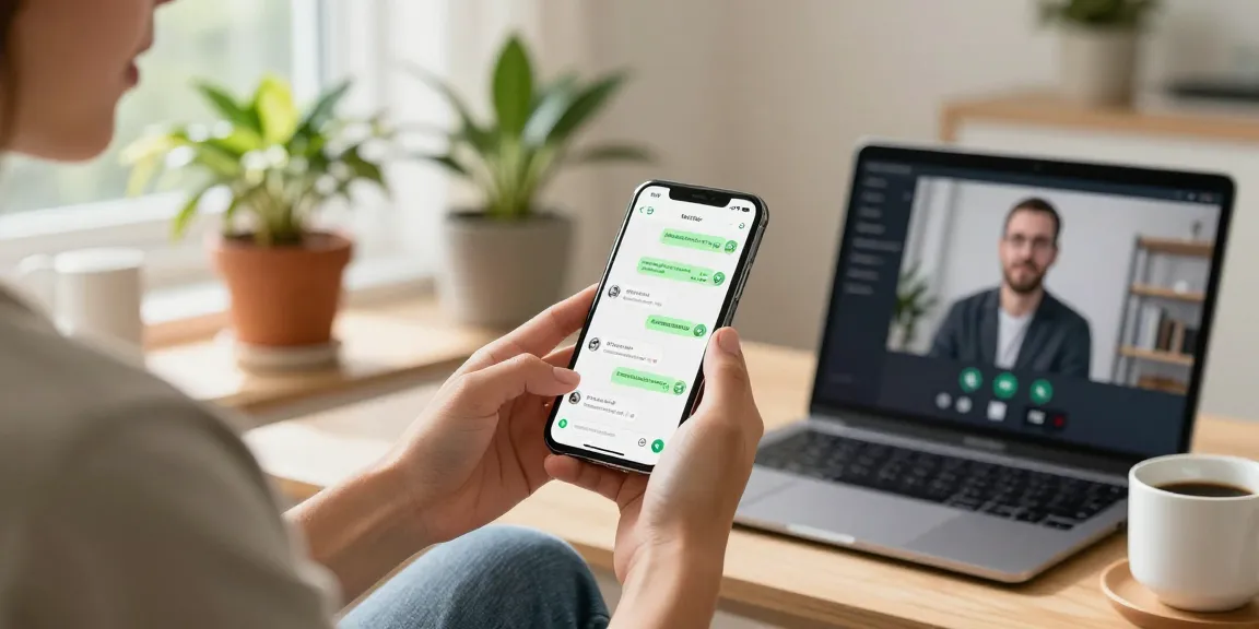 Engaging with WhatsApp下載 on a smartphone in a stylish home.